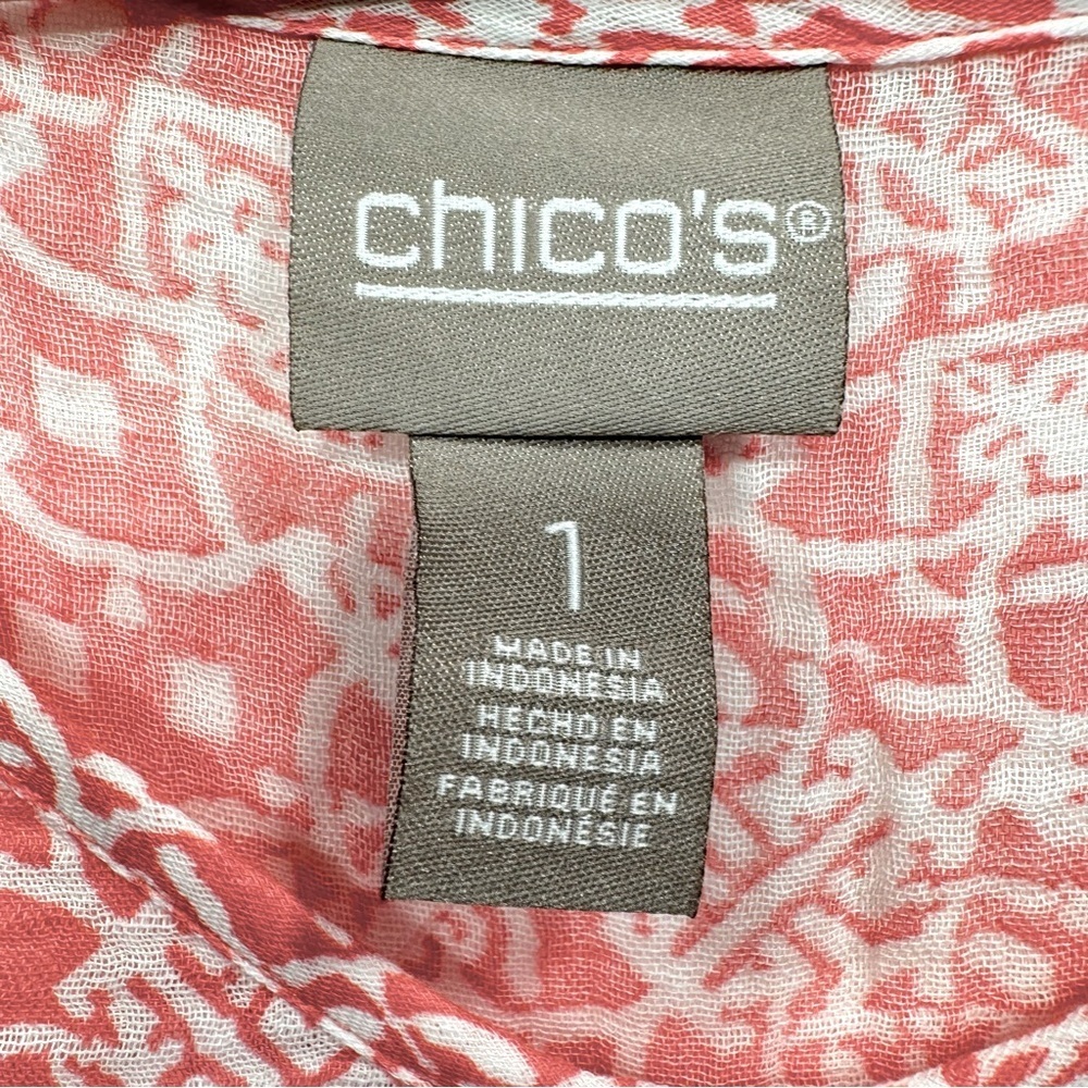 Chico’s Gauzy Tie Front 3/4 Sleeve Aztec Print Boho Popover Blouse in Watermelon - Picture 7 of 10
